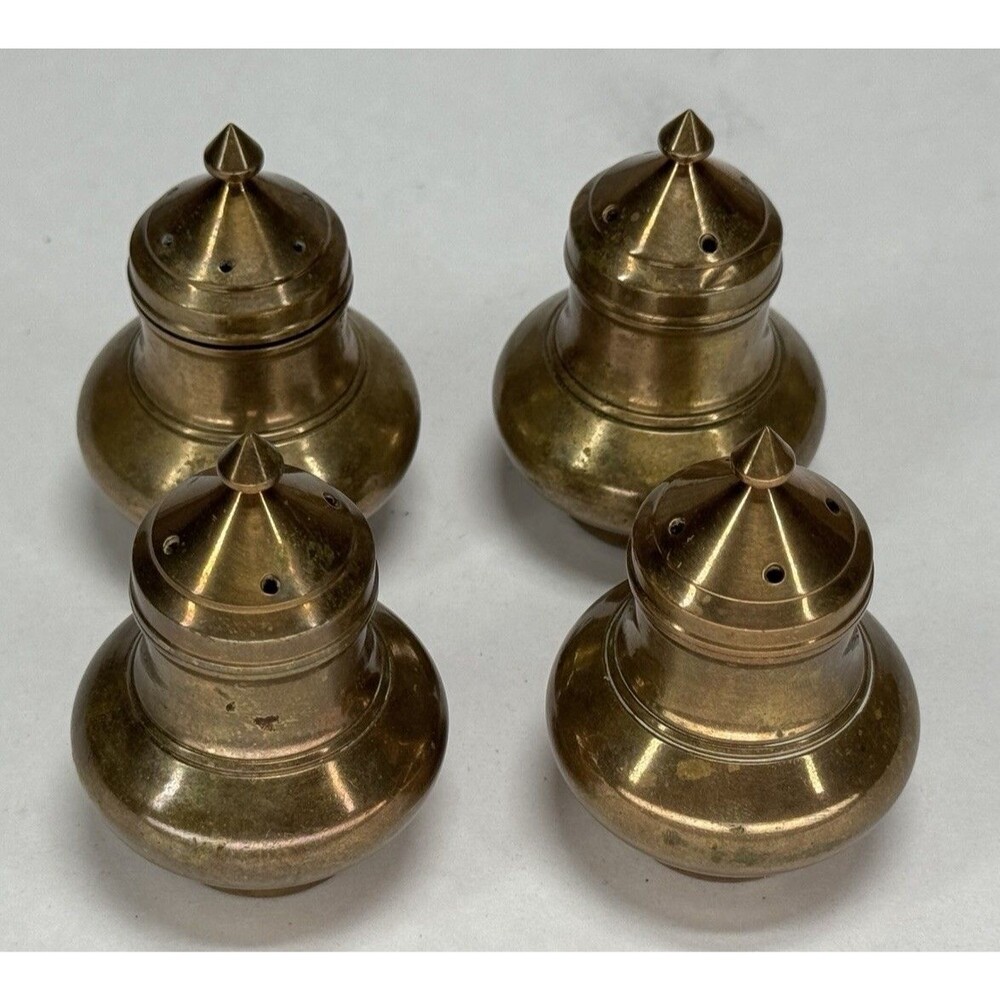 4 VTG Antique Solid Brass Salt & Pepper Shakers Set Lot Thailand Far East Asia